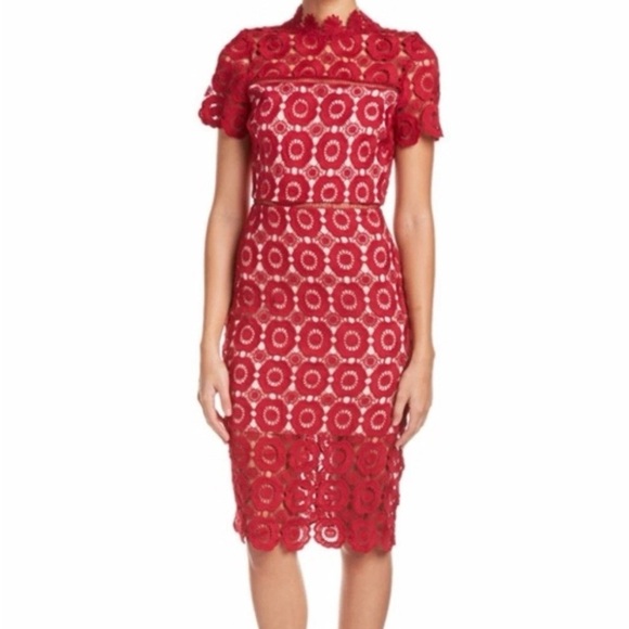 Just Me Women's Red Crochet Lace Cutout Midi Dress  Size Large Formal Cocktail - Picture 1 of 10